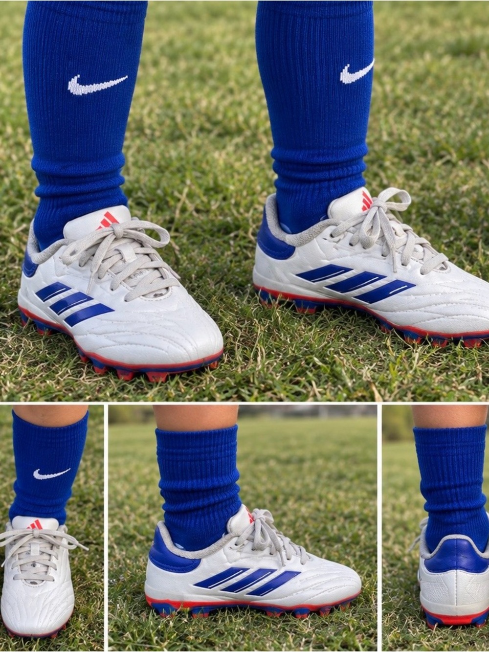 Little boy adidas Kids White Soccer Cleats with Blue Stripes and Red Accents